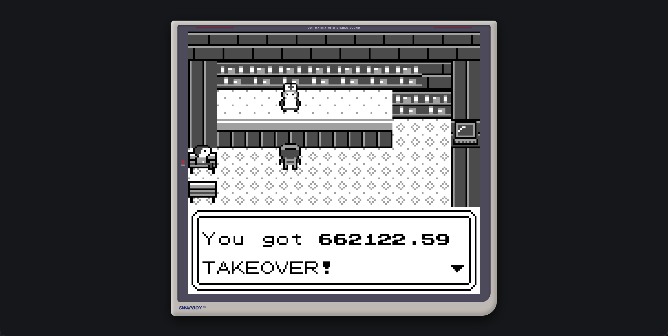 A Pokémon-style Game Boy interface in a Pokémon Center scene, with a dialogue box reading 'You got 662122.59 TAKEOVER!'